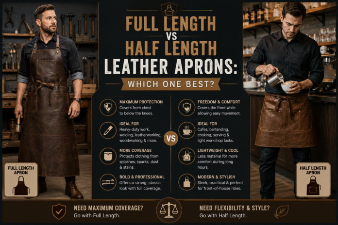 Comparison image showing full length and half length leather aprons worn in workshop and hospitality environments with modern professional styling.