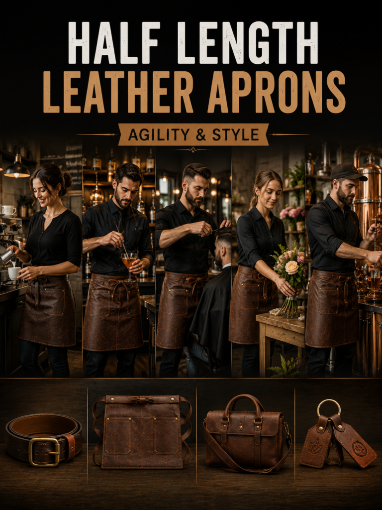 Full Length vs Half Length Leather Aprons: Which One Is Best? 4 Baristas, bartenders, florists, and lifestyle professionals wearing stylish half length leather aprons in modern hospitality and retail environments.