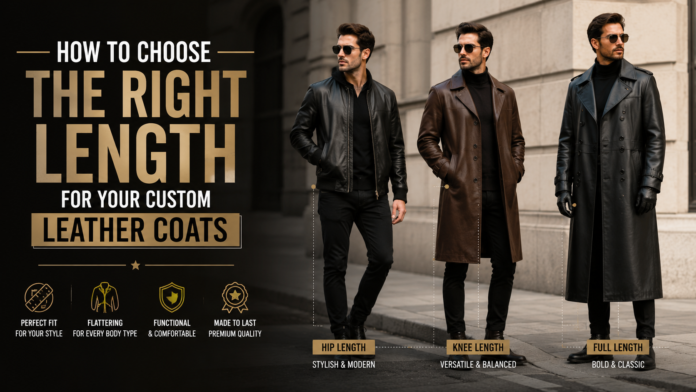 Different custom leather coat lengths including hip, mid-thigh, knee, and full-length styles for fashion brands and manufacturers.