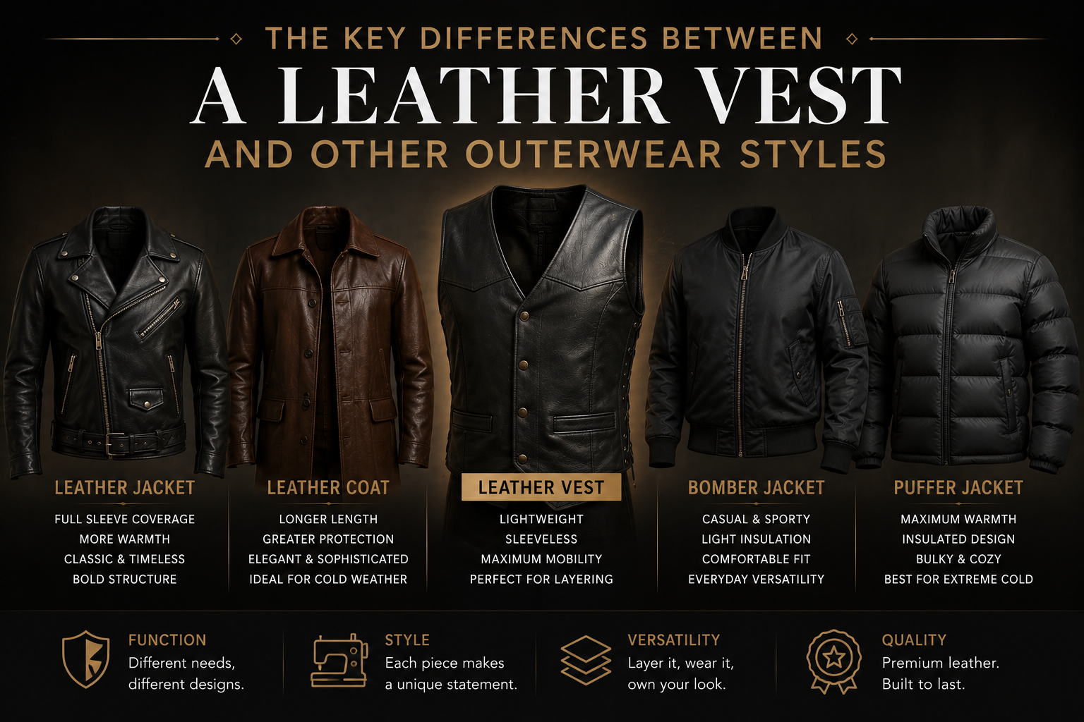 Leather Vest vs Other Outerwear Styles: Key Differences Comparison of leather vest, leather jacket, leather coat, bomber jacket, and puffer outerwear styles in premium fashion design.