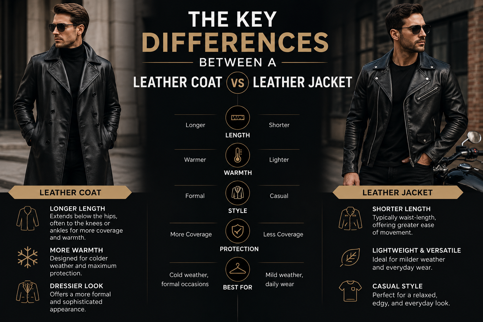 The Key Differences Between Leather Coat and a Leather Jacket Side-by-side comparison of a long black leather coat and a short leather biker jacket in a premium fashion editorial style.