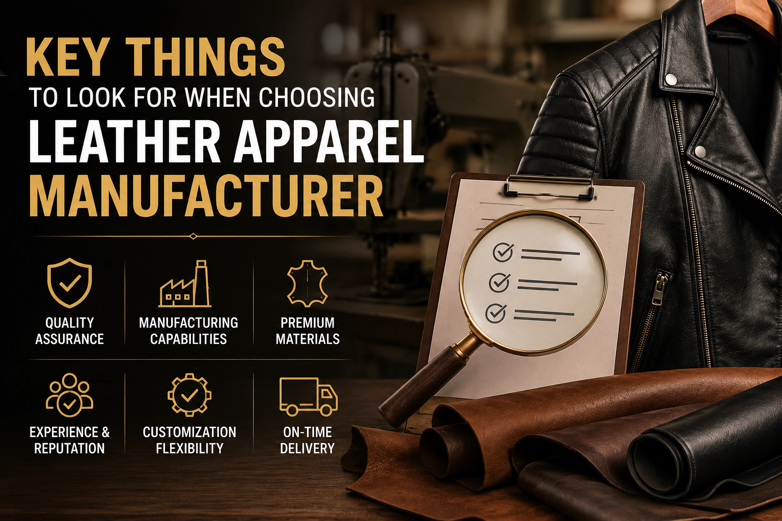 Key Things to Look for When Choosing Leather Apparel Manufacturer Key things to look for when choosing a leather apparel manufacturer including quality assurance, manufacturing capabilities, premium leather materials, customization flexibility, and on-time delivery.