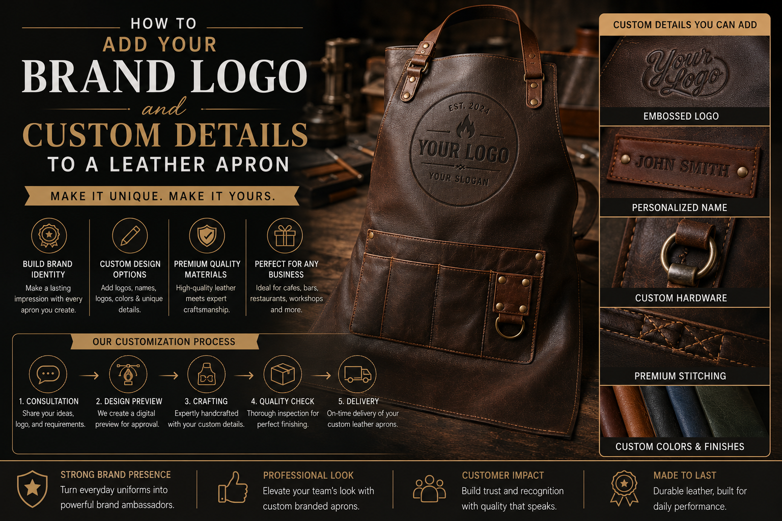 How to Add Your Brand Logo and Custom Details to a Leather Apron Custom leather apron branding infographic featuring embossed logos, personalized name patches, metal hardware, stitching details, and premium leather finishes.