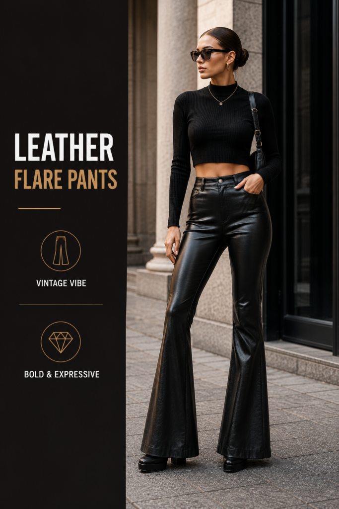 Female model wearing black leather flare pants styled with a fitted top in a modern fashion editorial scene.