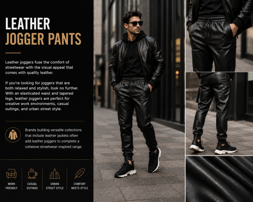 Male model wearing black leather jogger pants with hoodie and leather jacket in an urban streetwear setting.