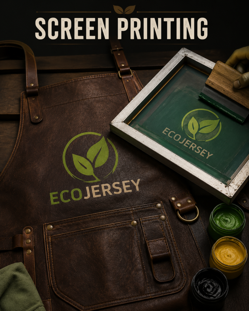 Screen printing process on a leather apron featuring ECOJERSEY logo printing, screen frame, ink containers, and premium leather workshop setup.