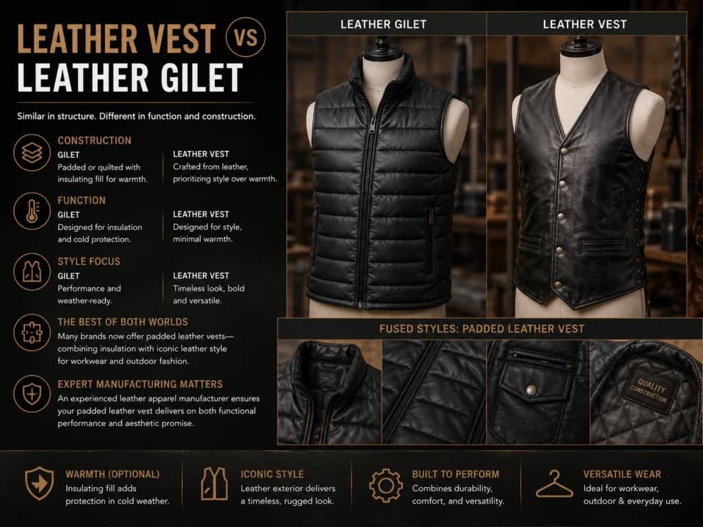 Leather Vest vs Other Outerwear Styles: Key Differences 4 Comparison between a padded leather gilet and a classic leather vest showing differences in insulation, construction, and style.