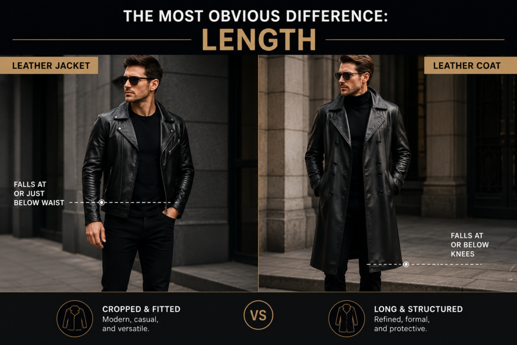 Comparison of waist-length leather jacket and knee-length leather coat worn by male fashion models in an urban setting.