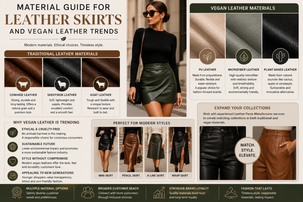 Fashion infographic comparing traditional leather and vegan leather materials for leather skirts with sustainable fashion styling and modern material textures.