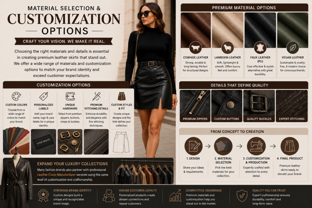 What to Expect When Working With Custom Leather Skirts Manufacturer 3 Leather skirt customization infographic showing cowhide, lambskin, faux leather, vegan leather, custom hardware, labels, stitching, and premium finishing details.