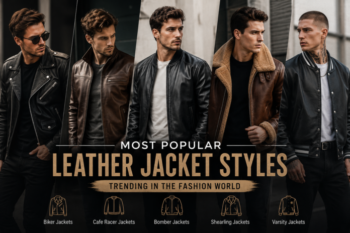 Collage of trending leather jacket styles including biker, bomber, shearling, cafe racer, and varsity jackets worn by male fashion models