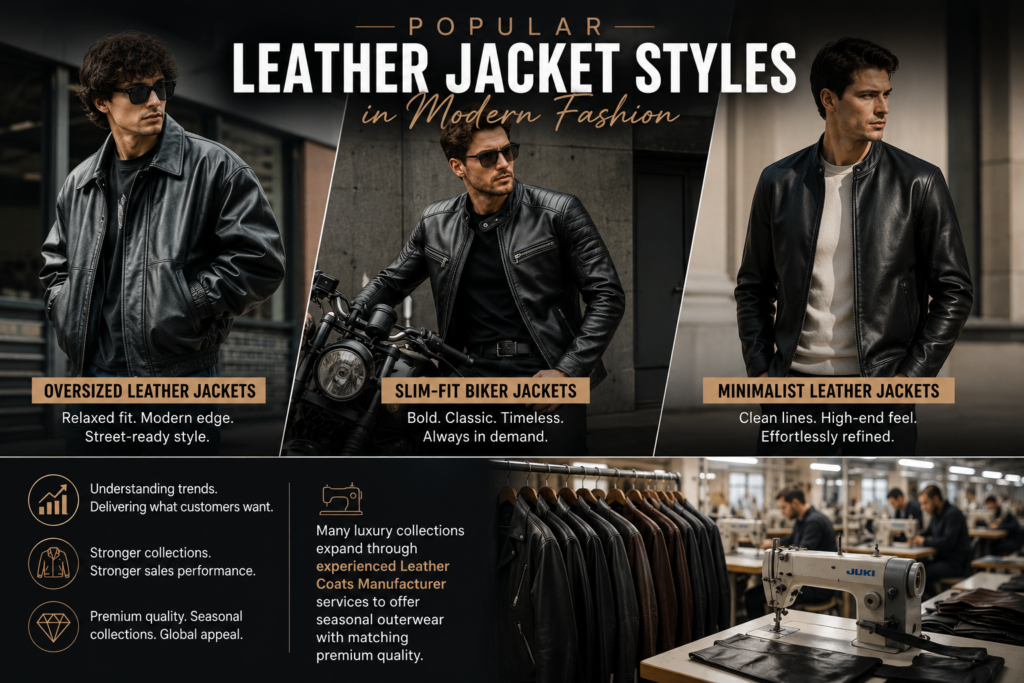 Modern oversized, biker, and minimalist leather jackets displayed by fashion models in a premium editorial layout.