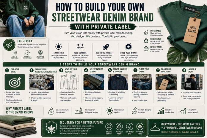 Streetwear denim brand development infographic outlining private label manufacturing steps including product design, fabric sourcing, sampling, branding, packaging, and sustainable production. private Label Denim Brand