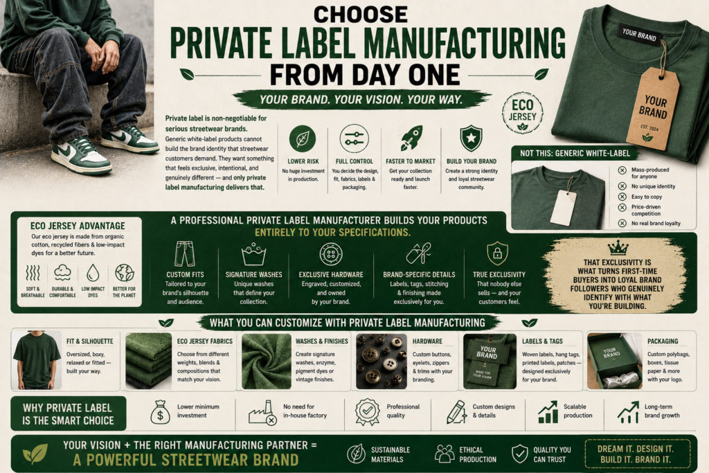Streetwear denim customization infographic featuring signature washes, custom hardware, stitching details, woven labels, premium packaging, and sustainable private label branding solutions.