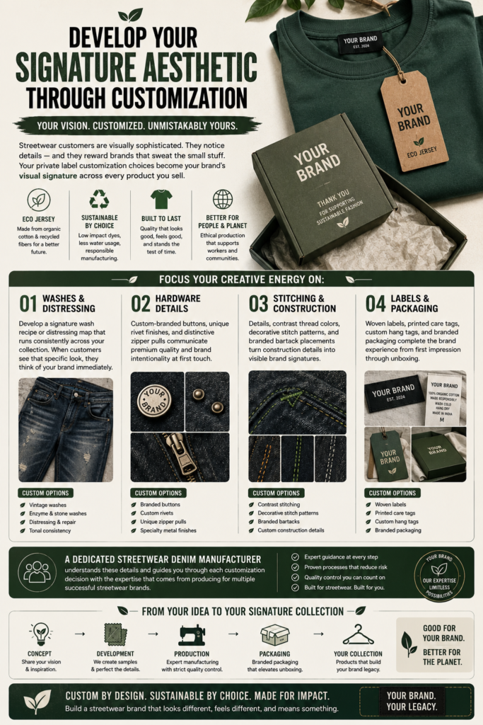 Private label streetwear manufacturing infographic showing exclusive product customization, sustainable apparel branding, premium packaging, and Eco Jersey-inspired private label production solutions.