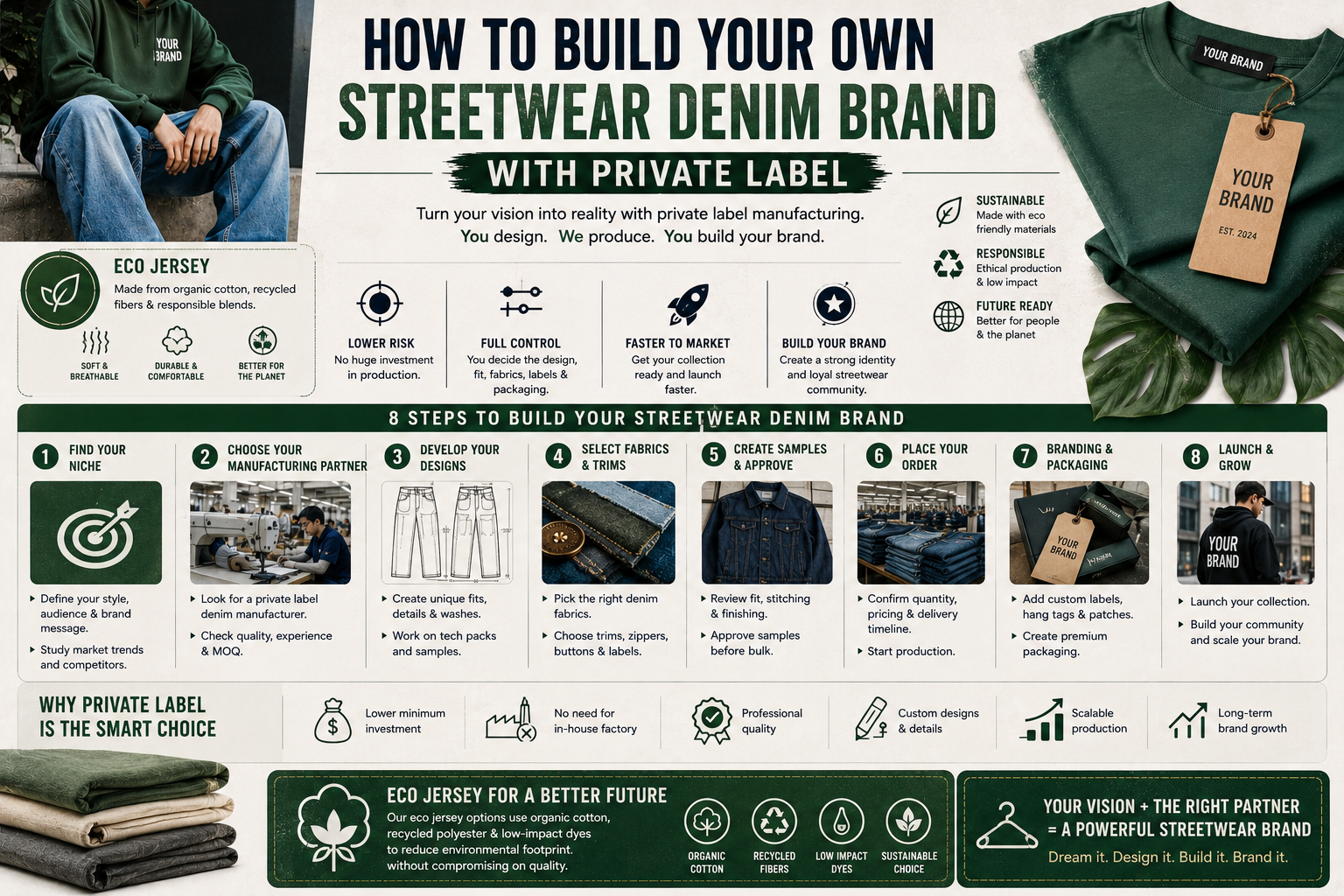 How to Build Your Own Streetwear Private Label Denim Brand with Private Label Streetwear denim brand development infographic outlining private label manufacturing steps including product design, fabric sourcing, sampling, branding, packaging, and sustainable production. private Label Denim Brand