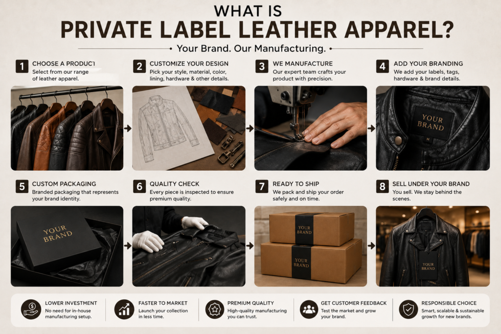 Step-by-step private label leather apparel manufacturing process from product selection to custom branding and shipping