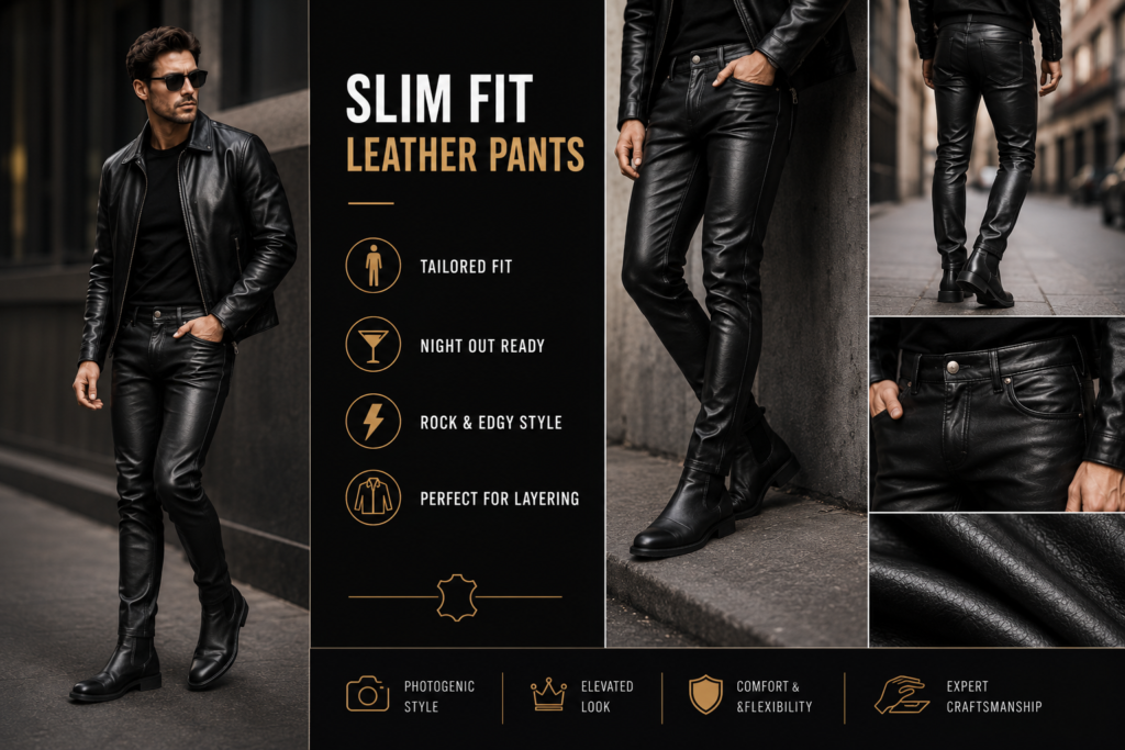 Male model wearing black slim fit leather pants with leather jacket and boots in an urban fashion setting.