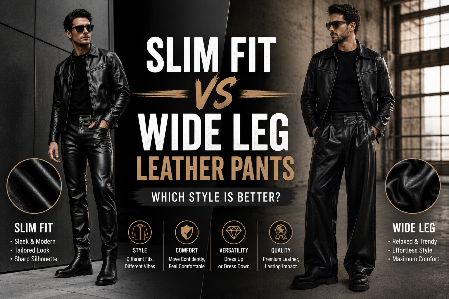 Slim Fit vs Wide Leg Leather Pants: Which Style is Better? Comparison of slim fit and wide leg leather pants styled in modern black leather fashion outfits.