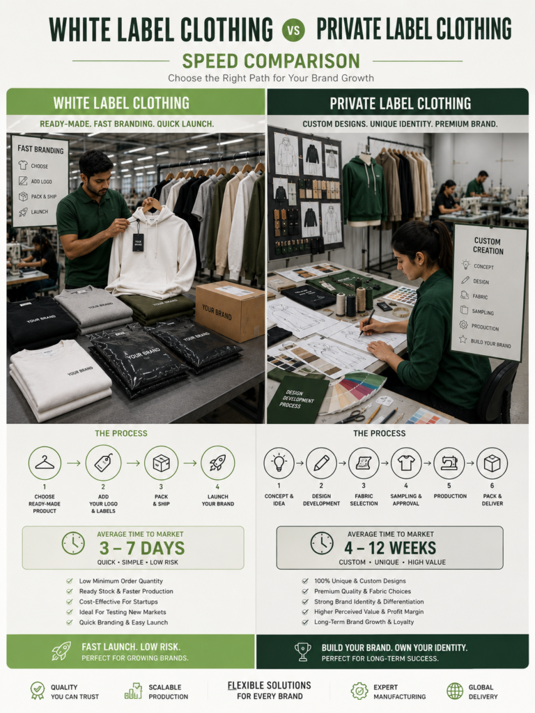 White Label vs Private Label Clothing Differences Explained 3 Speed comparison chart of white label vs private label clothing manufacturing.