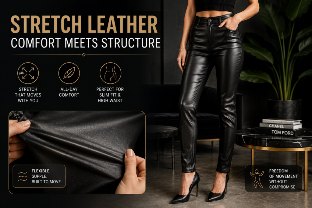 Slim-fit stretch leather pants demonstrating flexibility and comfort with stretchable leather fabric texture close-up