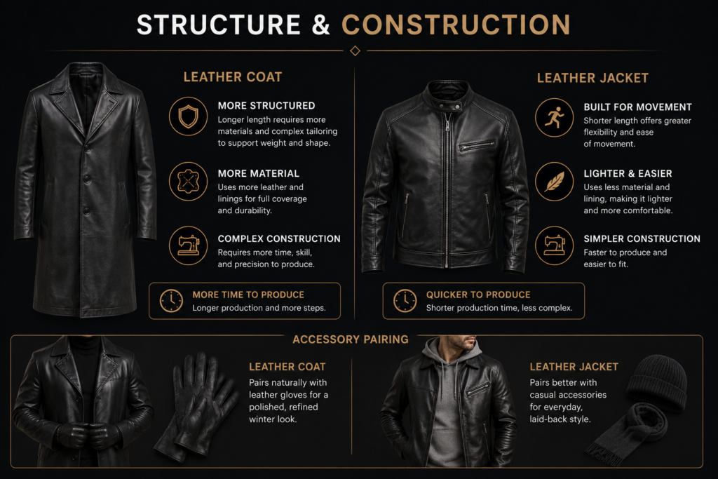 Structured leather coat and flexible leather jacket displayed with premium winter and casual styling accessories.