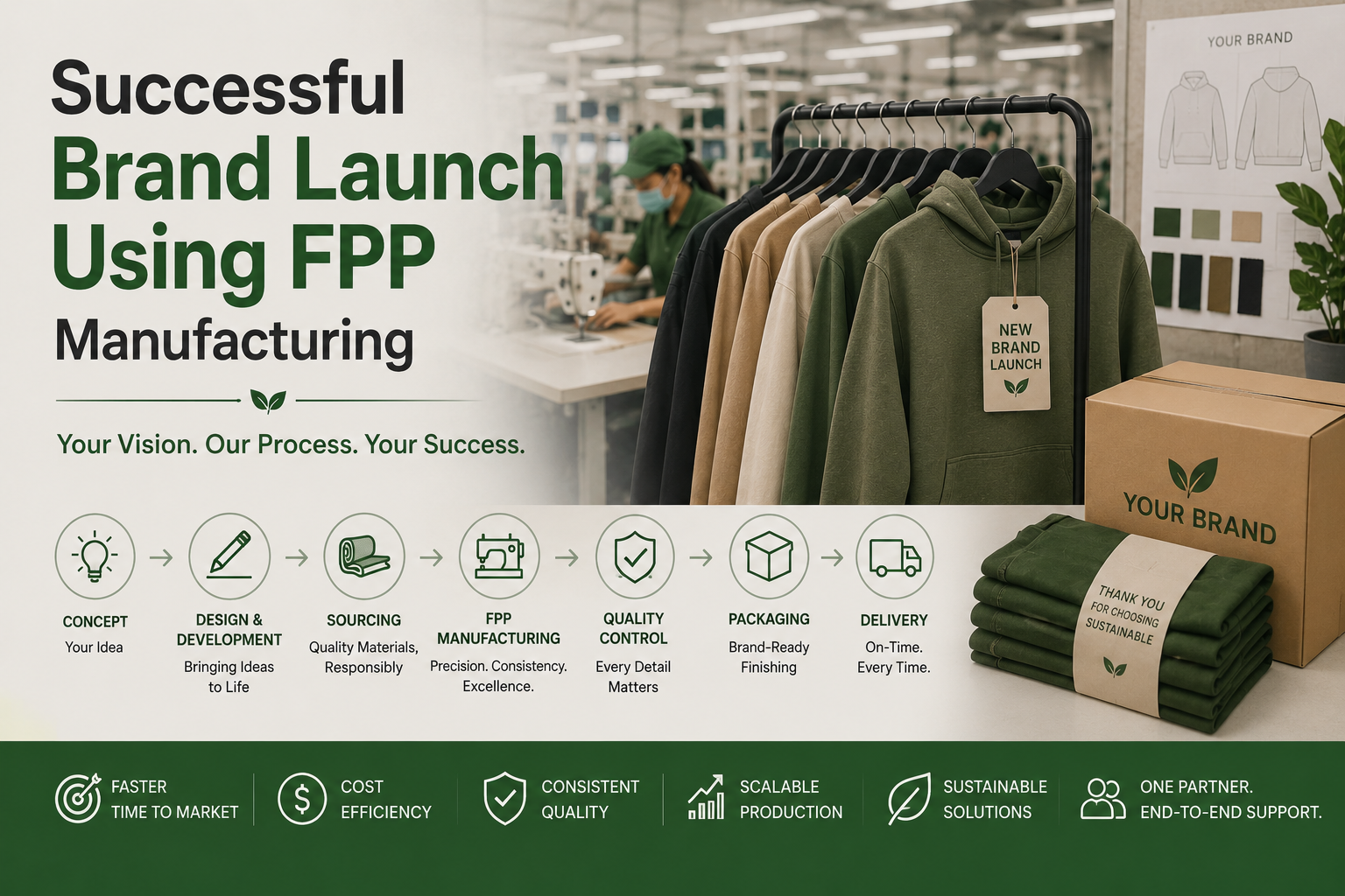 Case Study: Successful Brand Launch Using FPP Manufacturing Featured image showing a successful apparel brand launch supported by full package production manufacturing, including custom hoodies, apparel packaging, garment production, and end-to-end manufacturing workflow.