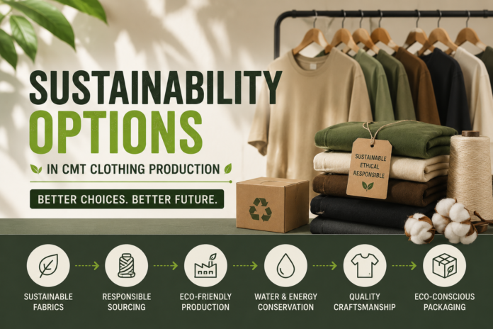 Featured image highlighting sustainability options in CMT clothing production with eco-friendly garments, recycled packaging, natural fabrics, and sustainable apparel manufacturing workflow icons.