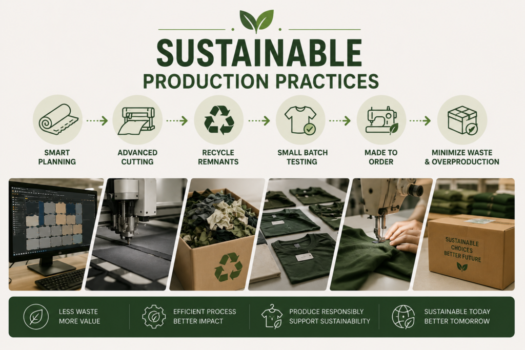 Infographic illustrating sustainable production practices in apparel manufacturing, including smart planning, advanced cutting layouts, recycling fabric remnants, small batch testing, and minimizing overproduction waste.
