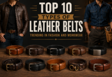 Top 10 Types of Leather Belts Trending in Fashion and Workwear Collection of trending leather belt styles displayed with fashionwear and workwear outfits including casual, formal, braided, and heavy-duty leather belts.