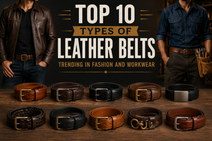 Collection of trending leather belt styles displayed with fashionwear and workwear outfits including casual, formal, braided, and heavy-duty leather belts.