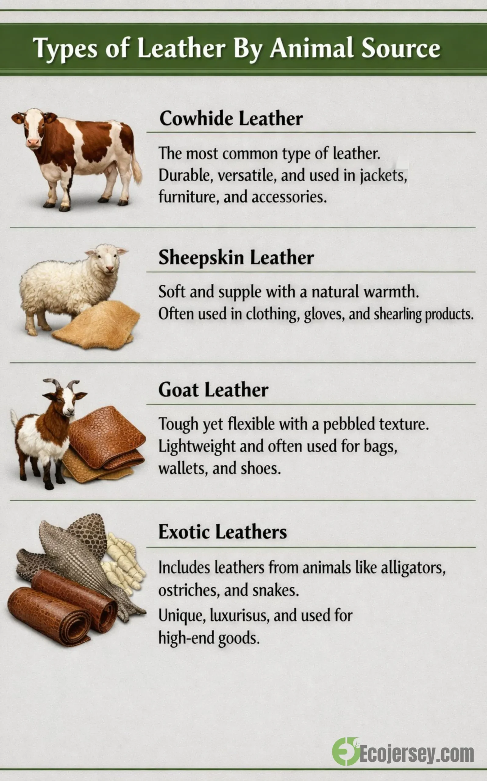  Infographic illustrating cowhide, sheepskin, goat, and exotic leathers with short descriptions