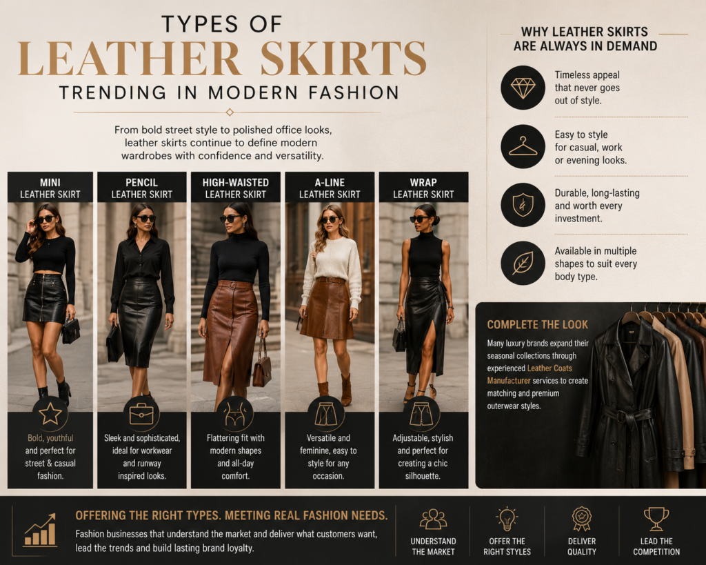 Modern leather skirt style guide featuring mini, pencil, high-waisted, A-line, and wrap leather skirts with fashion-focused outfit inspiration.