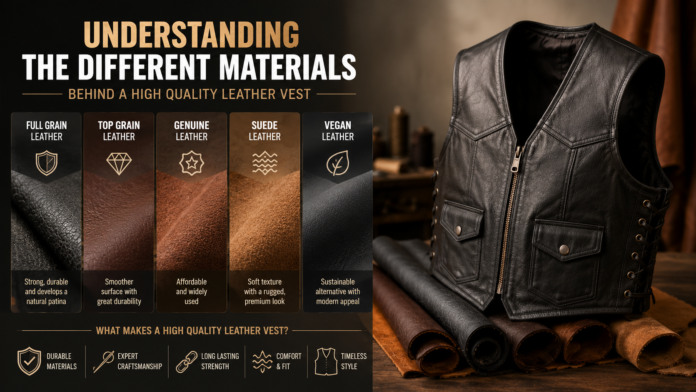 Leather vest materials infographic featuring different leather types, textured leather swatches, and a premium black leather vest.
