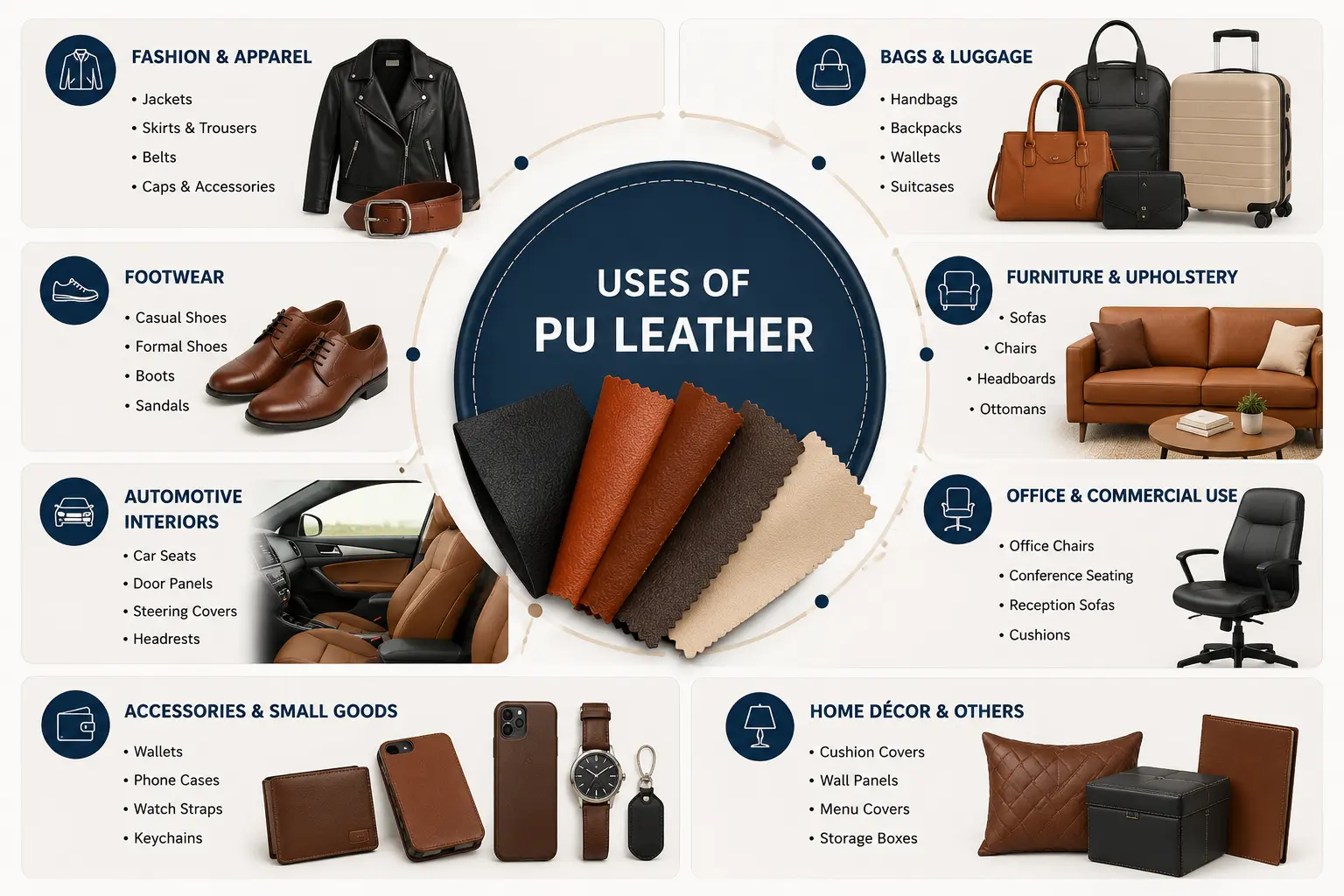 Infographic showing common uses of PU leather in fashion, furniture, and cars