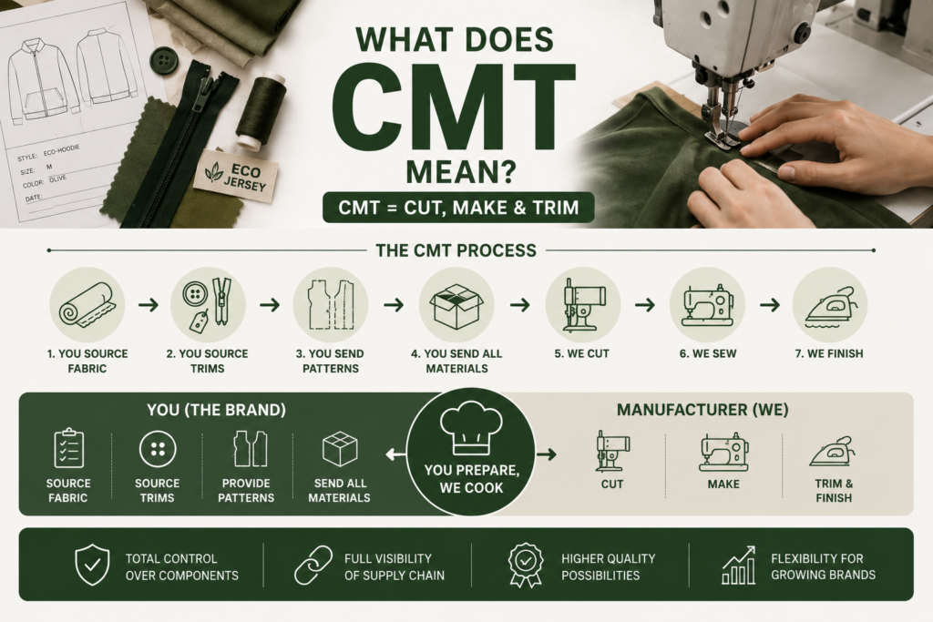 Infographic explaining the CMT clothing manufacturing process, including fabric sourcing, trims, pattern preparation, cutting, sewing, and garment finishing handled between the brand and manufacturer.