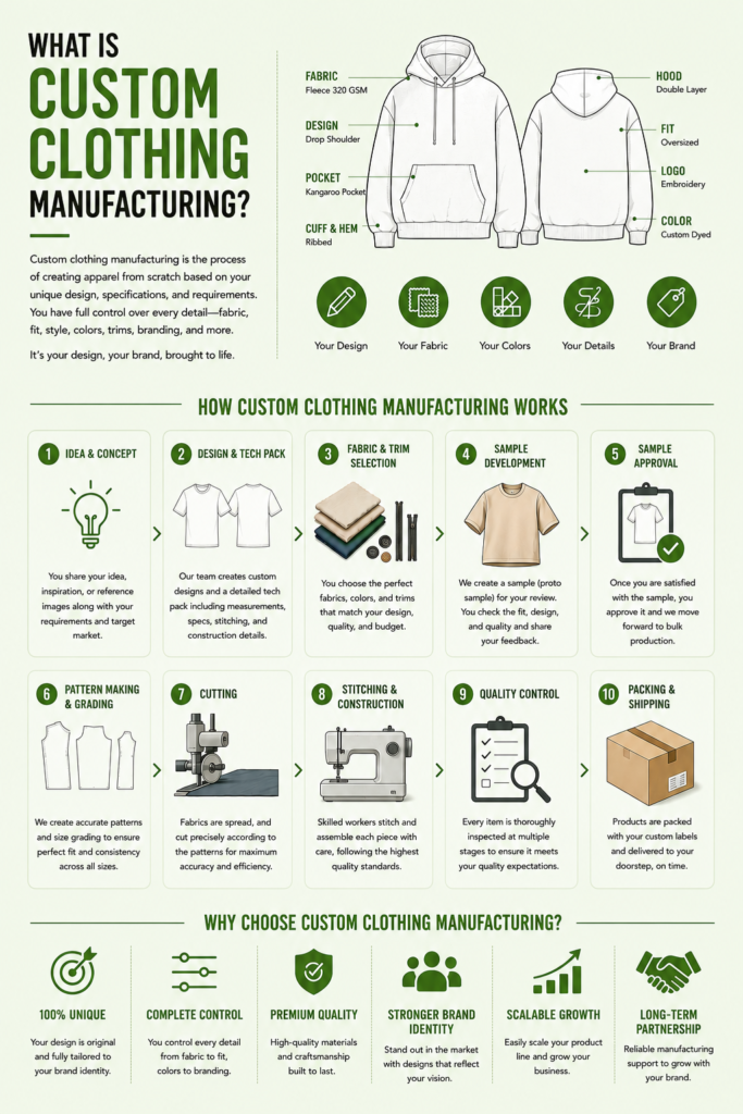 Illustration explaining custom clothing manufacturing, showing the process of designing, producing, and branding apparel for a specific business or customer.