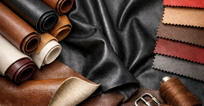 Close-up faux leather sheets in different colors and textures.