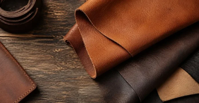 Close-up of genuine leather sheets and leather accessories on a wooden surface.