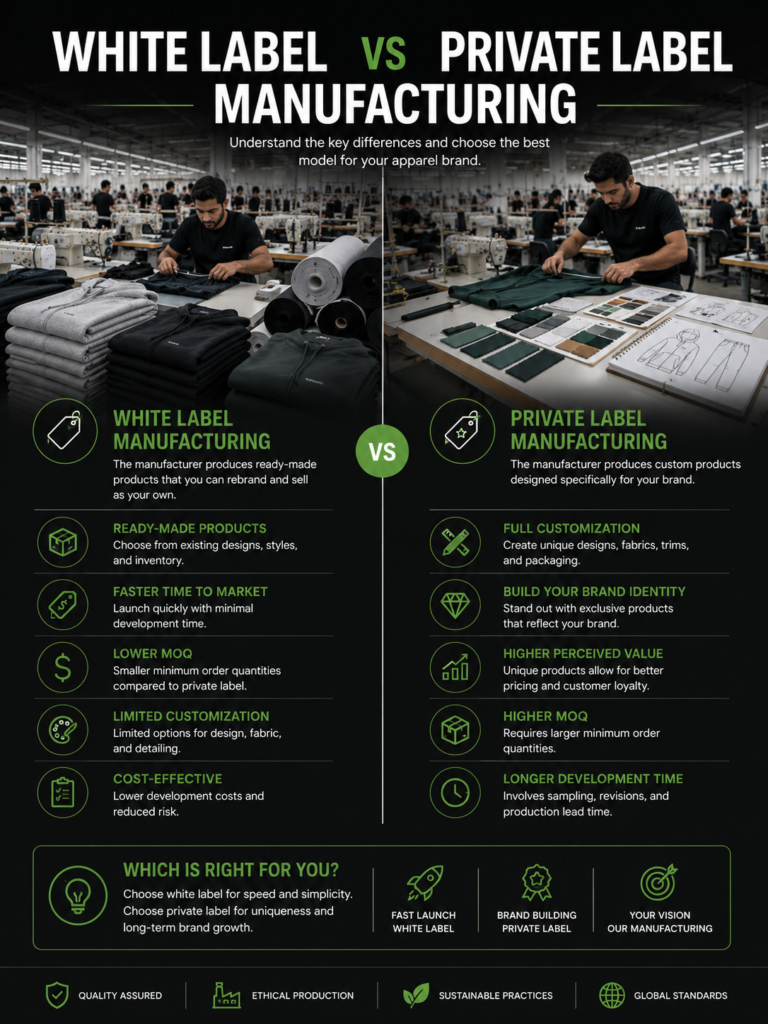 Comparison infographic of white label vs private label clothing manufacturing, highlighting differences in branding control, customization level, and production ownership for fashion brands.