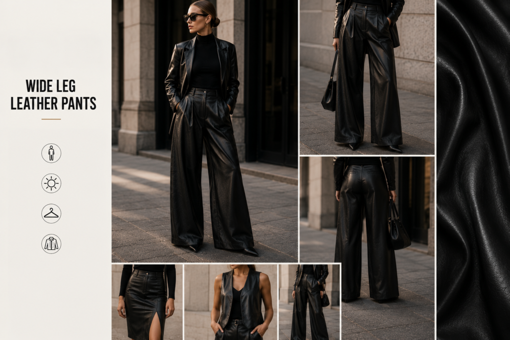 Female fashion model wearing black wide leg leather pants styled with a fitted top and leather blazer.