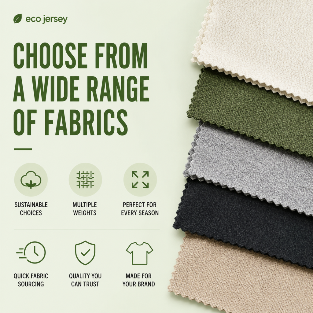 A wide range of fabrics shown as a selection guide for clothing manufacturing, highlighting different material options for apparel production.