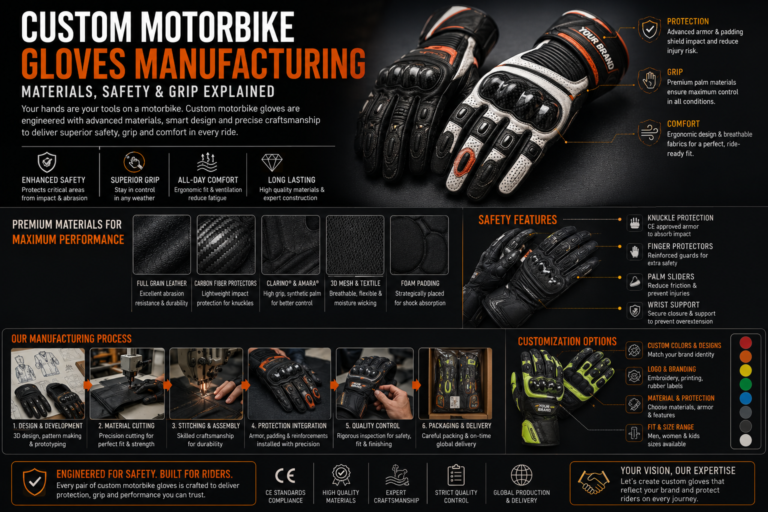 Custom Motorbike Gloves Manufacturing: Materials, Safety & Grip Explained
