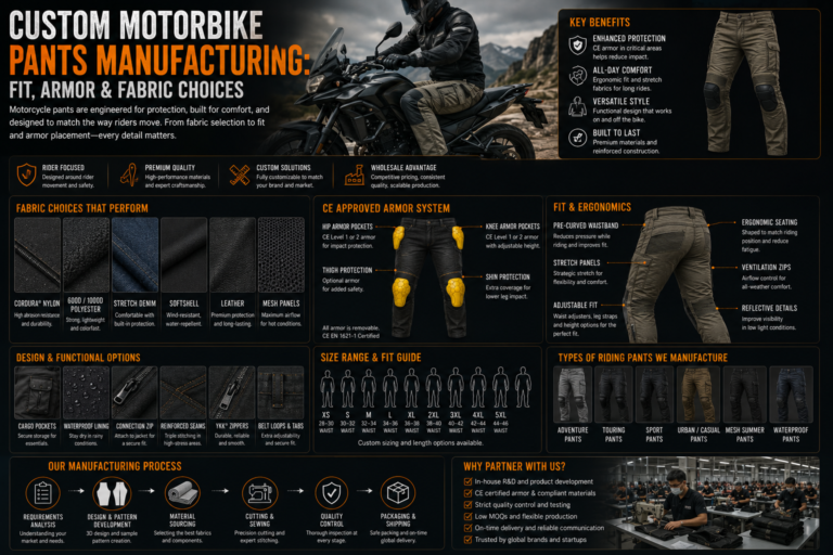 Custom Motorbike Pants Manufacturing: Fit, Armor & Fabric Choices