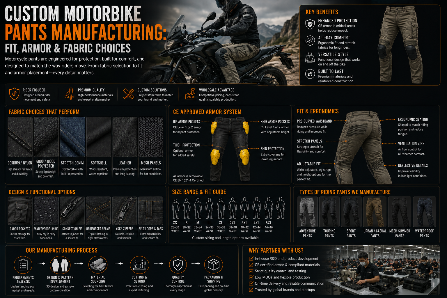 Custom Motorbike Pants Manufacturing: Fit, Armor & Fabric Choices