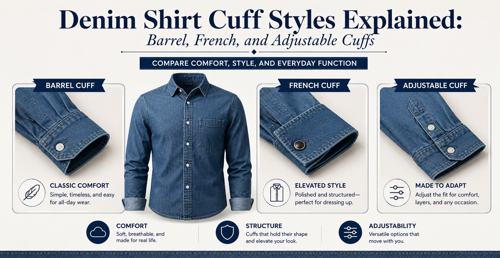 Denim Shirt Cuff Styles Explained: Barrel, French, and Adjustable Cuffs