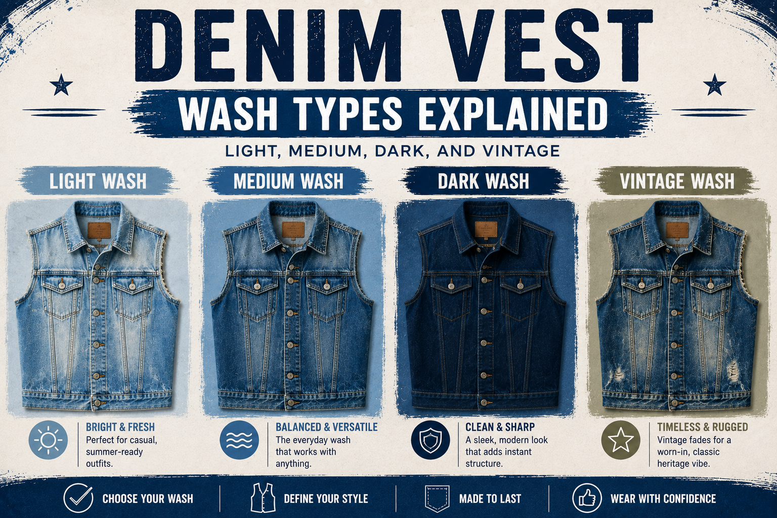 Denim Vest Wash Types Explained: Light, Medium, Dark, and Vintage
