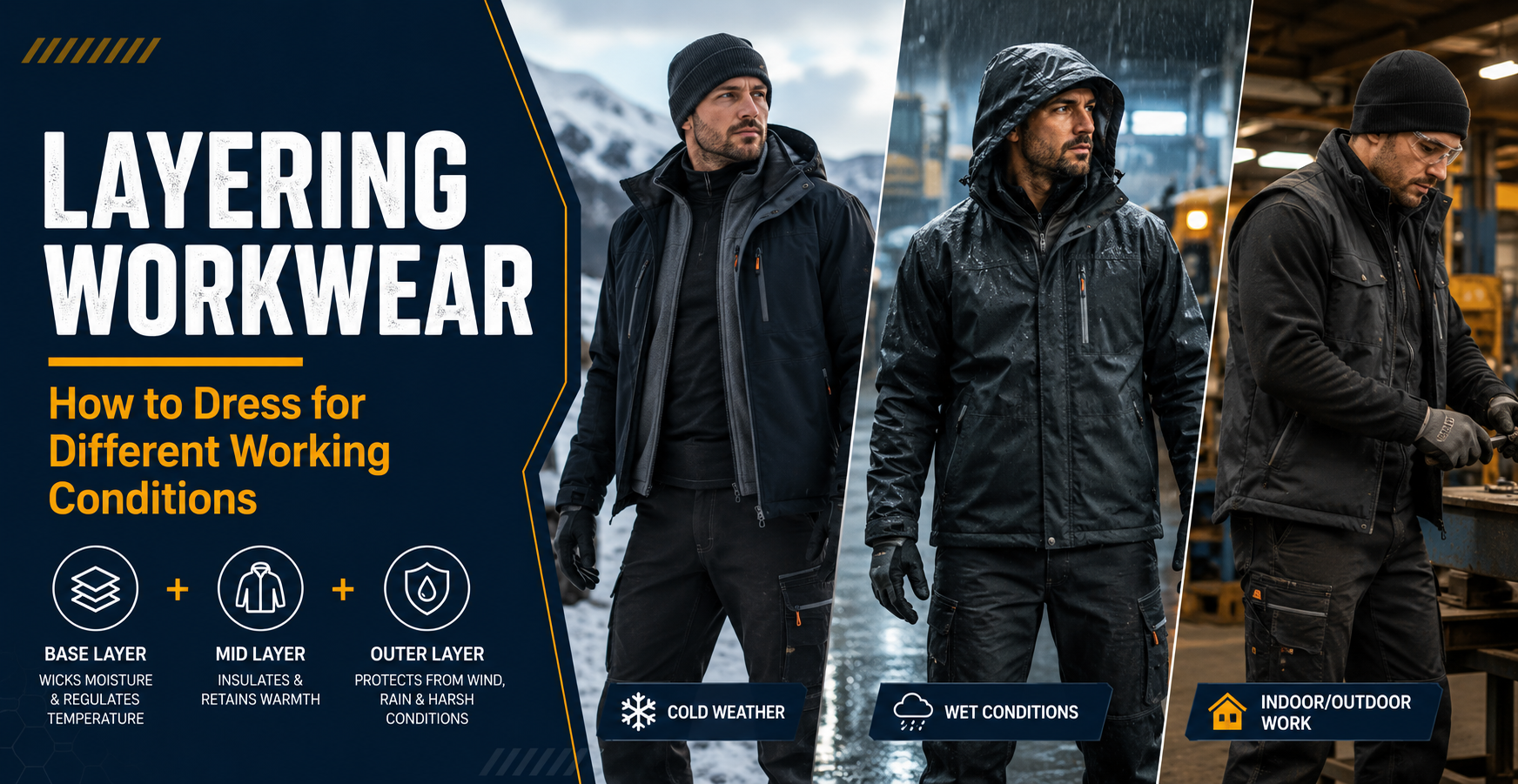 Layering Workwear: How to Dress for Different Working Conditions Layering workwear showing how to dress for different working conditions with three workers in cold weather