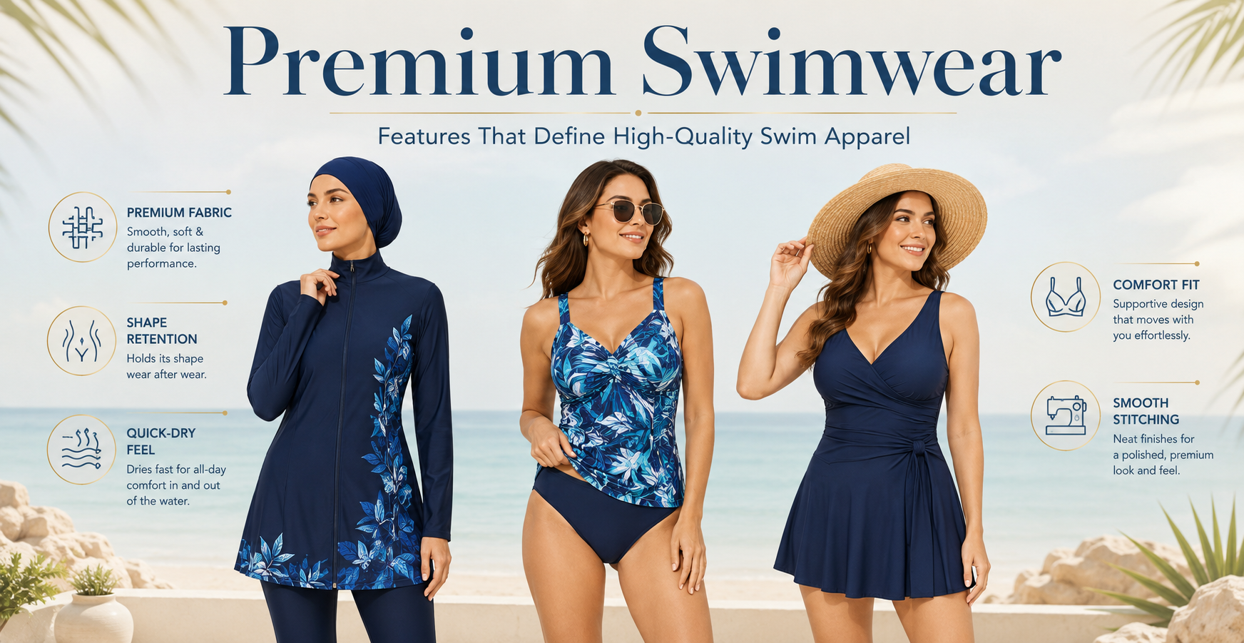 Premium Swimwear: Features That Define High-Quality Swim Apparel Premium swimwear features that define high-quality swim apparel including fabric and stitching