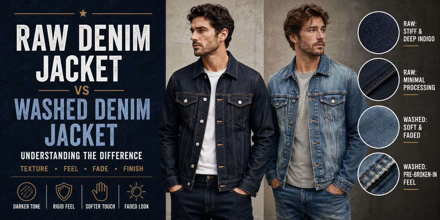Raw Denim Jacket vs Washed Denim Jacket: Understanding the Difference Raw denim jacket compared with washed denim jacket showing understanding the difference between stiff dark indigo and pre-washed soft fabric